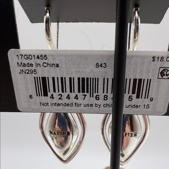 NWT Napier Silver Tone Dangle Signed Earrings with Deep Blue Accents - Picture 3 of 5